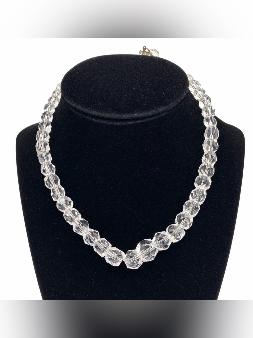 Single Strand Clear Glass Graduated Bead Choker with Silver Tone Clasp